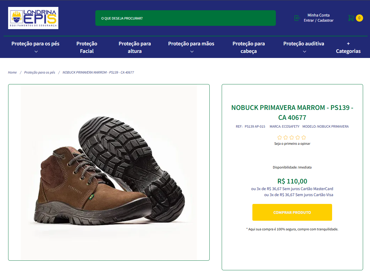 Página de produto Londrina EPIs